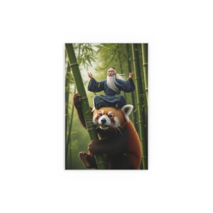 Silk Poster - Elderly Taoist Scholar Meditating in Bamboo Forest with Red Panda Climbing - Asian Inspired Wall Art