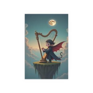 Silk Poster - Bewildered Dracula Playing Harp in Fantasy World