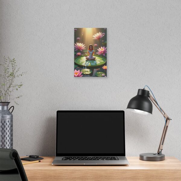 Canvas Art, a rendered fantasy scene with girl sitting peacefully on a large green lily pad - Image 4