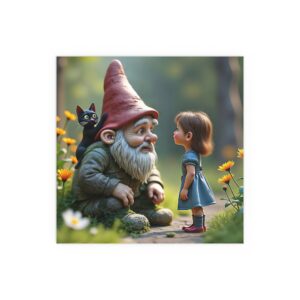 Charming Silk Poster: Whimsical Garden Gnome and Girl Artwork, Wall Decor, Kids' Room Decor, Gift for Nature Lovers, Fantasy Art