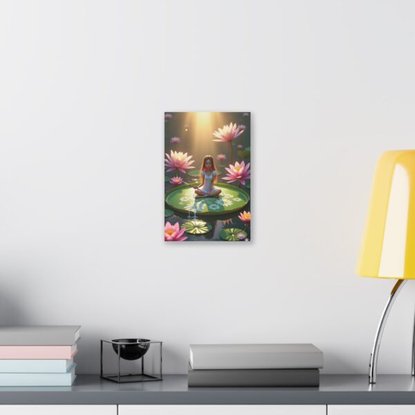 Canvas Art, a rendered fantasy scene with girl sitting peacefully on a large green lily pad - Image 3