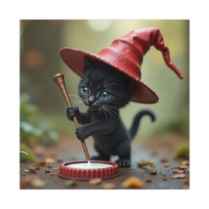 Whimsical Cat Witch Canvas Art Print, Spooky Decor for Halloween, Cute Cat Artwork, Gift for Cat Lovers, Enchanted Home Decor