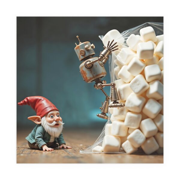 Whimsical Silk Wall Art Poster, Fantasy Decor, Home & Garden, Gnome & Robot Artwork, Unique Gifts, Children's Room Decor, Playful Wall [...] - Image 4