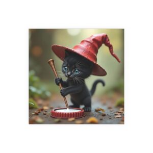 Cute Black Cat Witch Silk Poster, Cozy Home Decor, Halloween Wall Art, Cat Lover Gift, Indoor/Outdoor Art Print