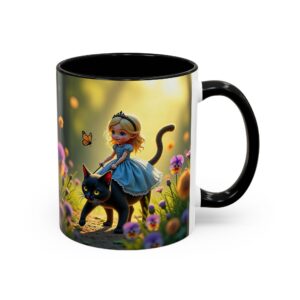 Charming Cat & Girl Coffee Mug, Floral Mug, Cat Lover Gift, Alice in Wonderland Theme, Unique Kitchen Decor, Cute Drinkware