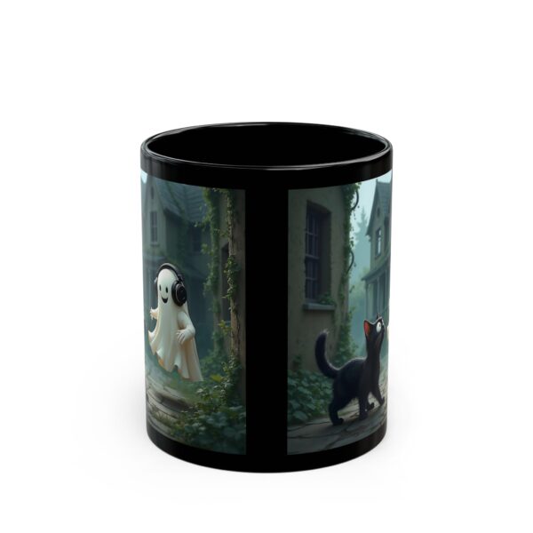 Spooky Vibes Black Mug - Perfect for Halloween, Coffee Lovers, Cozy Nights, Gift for Cat Lovers, Haunted House Theme - Image 2