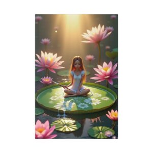 Canvas Art, a rendered fantasy scene with girl sitting peacefully on a large green lily pad