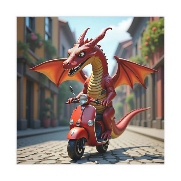 Silk Poster - a huge, majestic dragon awkwardly balancing on a tiny electric scooter - Image 4