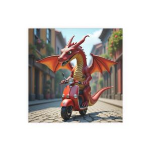 Silk Poster - a huge, majestic dragon awkwardly balancing on a tiny electric scooter
