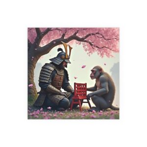 Samurai and Monkey Silk Poster, Unique Wall Art, Home Decor, Nature Lovers Gift, Japanese Aesthetic, Kids Room Decoration