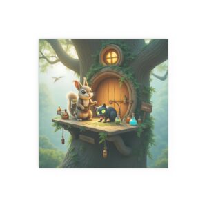 A whimsical poster featuring a fluffy, wide-eyed squirrel potion seller