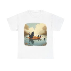 Whimsical Cat Fishing Tee - Unisex Heavy Cotton T-Shirt, Gift for Cat Lovers, Cute Animal Apparel, Perfect for Everyday Wear
