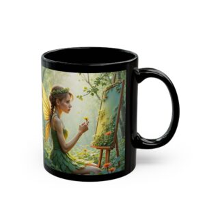 Enchanting Fairy Black Mug - 11oz/15oz, Fantasy Gift, Coffee Lover, Home Decor, Unique Art, Magical Mug