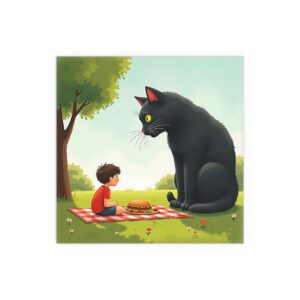Whimsical Silk Poster for Kids' Rooms, Cat and Boy Silhouette, Playful Wall Art, Home Decor Gift, Perfect for Birthdays, Kid's Room