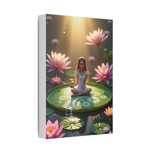 Canvas Art, a rendered fantasy scene with girl sitting peacefully on a large green lily pad - Image 2