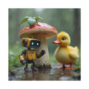 Whimsical Robot and Duck Canvas Art Print, Nursery Wall Decor, Playroom Artwork, Kids Room Decoration, Cute Nature Theme