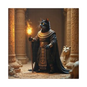 Canvas Print - Black Cat Sorcerer in Ancient Egyptian Tomb with Ankh and Hieroglyphs