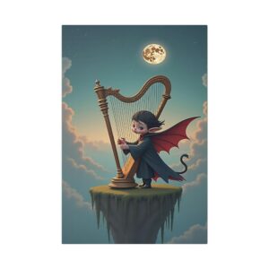 Whimsical Harpist Canvas Art, Cute Halloween Decor, Fantasy Wall Art