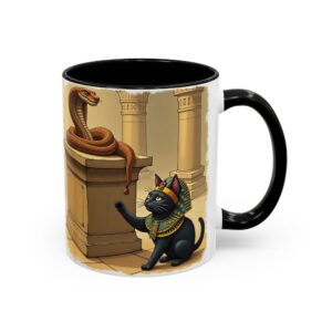 Ancient Egypt Cat Coffee Mug | Anubis and Snake Design | Black Accent Mugs for Cat Lovers, Gift for Holidays, Unique Kitchen Decor