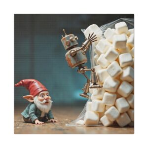 Whimsical Gnome Canvas Art - Fantasy Home Decor, Unique Gift for Gnome Lovers, Nursery Wall Decor, Robot & Gnome Artwork