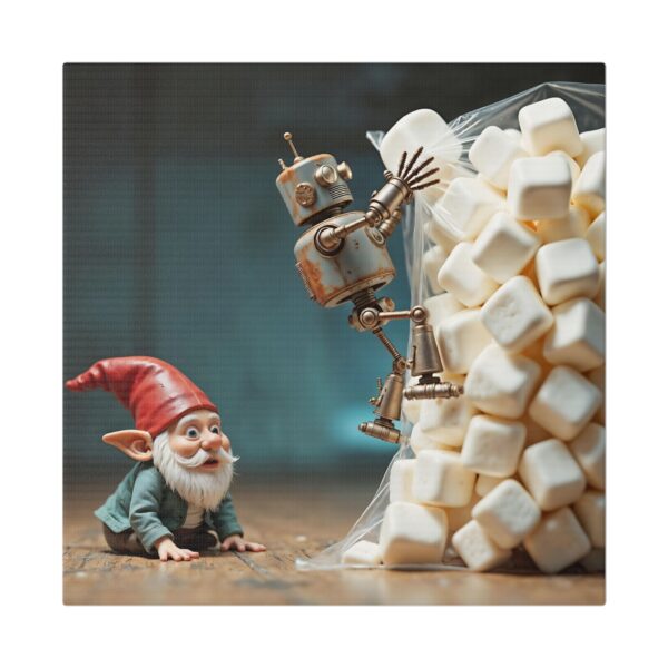 Whimsical Gnome Canvas Art - Fantasy Home Decor, Unique Gift for Gnome Lovers, Nursery Wall Decor, Robot & Gnome Artwork