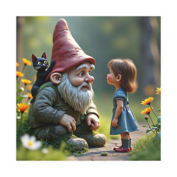Charming Silk Poster: Whimsical Garden Gnome and Girl Artwork, Wall Decor, Kids' Room Decor, Gift for Nature Lovers, Fantasy Art - Image 4